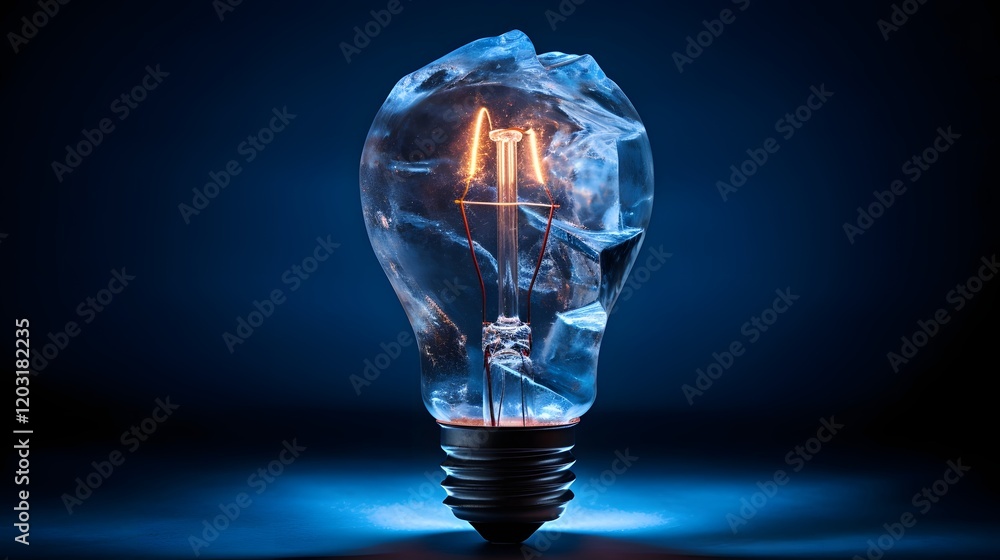 Poster captivating conceptual composition featuring a glowing light bulb trapped inside a solid clear ice b