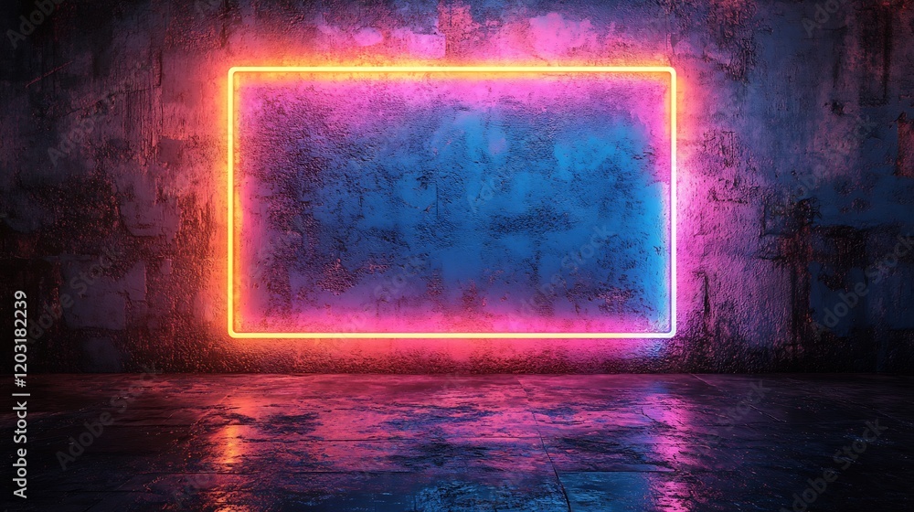 Poster bright neon blue rectangular frame with a cyan light border casting a soft fluorescent glow on a dar
