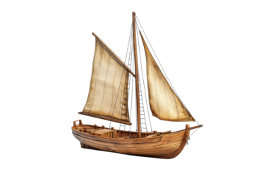 Traditional wooden sailing boat with beige sails displayed in a bright setting