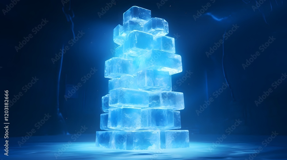 Poster towering stack of transparent glowing ice cubes arranged in a minimalist geometric design illuminate