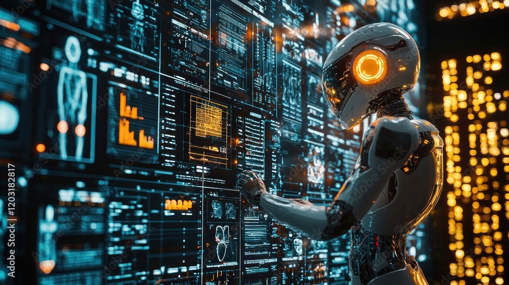 Poster cutting-edge ai healthcare technology: robot giving precise diagnostics with data overlays