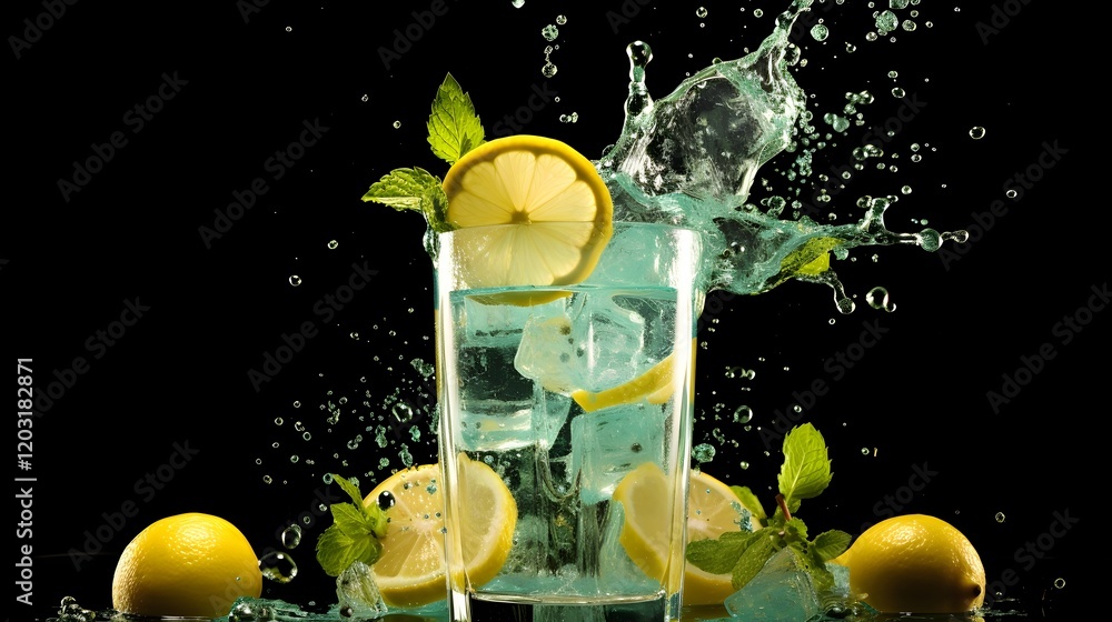 Aufkleber close up shot of a glass of cold refreshing lemonade with ice cubes and fresh mint leaves splashing 