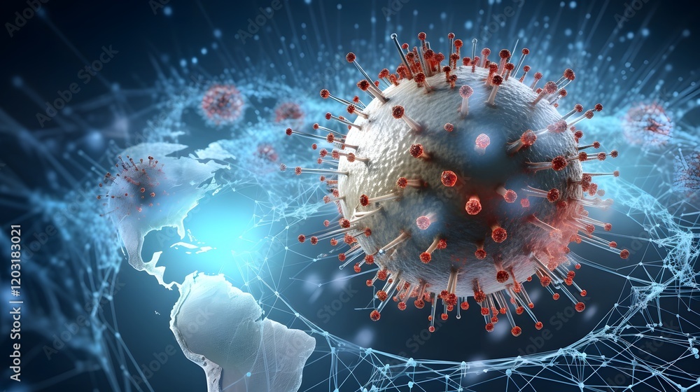 Poster detailed 3d of a magnified virus particle hovering over a map of asia and spreading globally represe