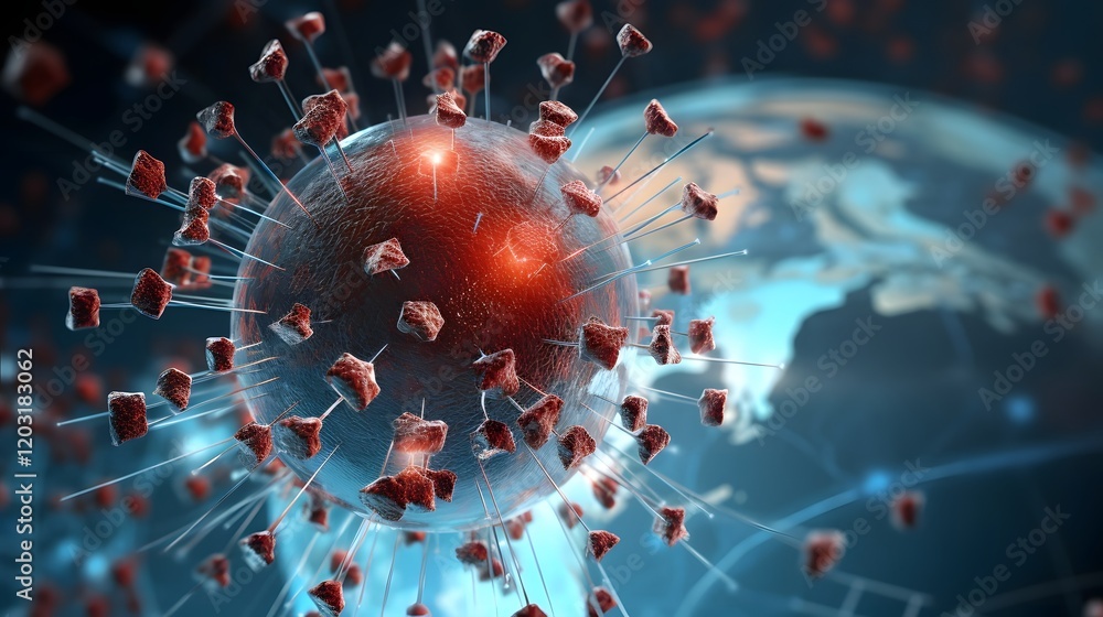 Aufkleber magnified view of a virus particle hovering over a map of asia symbolizing the global spread and imp