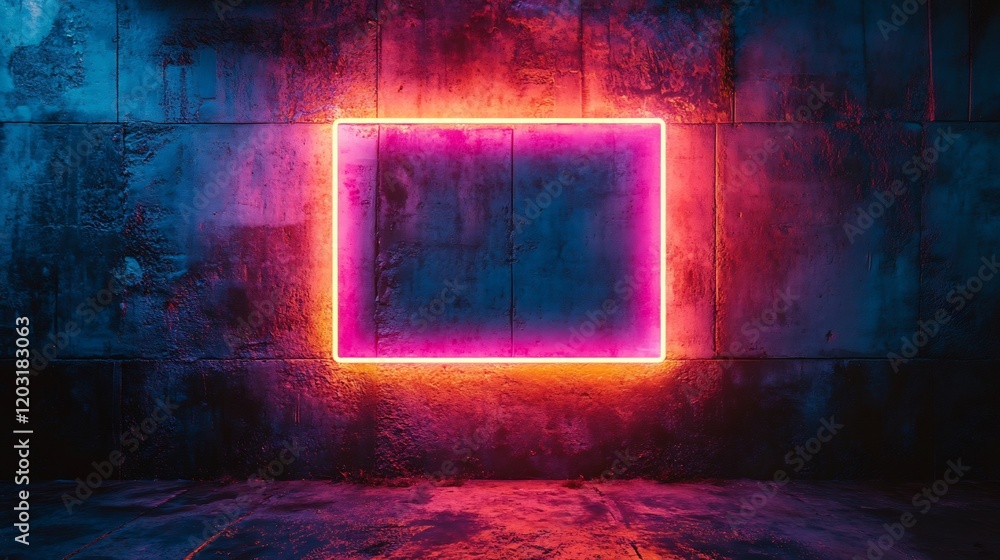 Aufkleber bright neon blue rectangular frame with a cyan light border casting a soft fluorescent glow on a dar