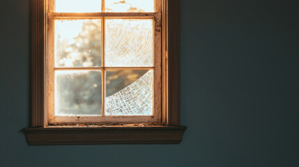 Fototapeta premium A vintage window with a cracked pane, bathed in soft, warm sunlight, evoking a sense of nostalgia and decay