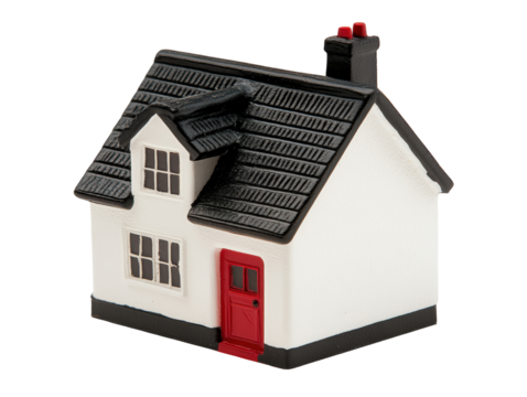 Isolated White Toy House with Red Door and Small Windows