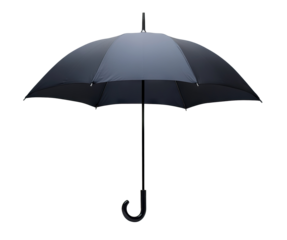 Classic black umbrella with curved handle, isolated on transparent cutout background
