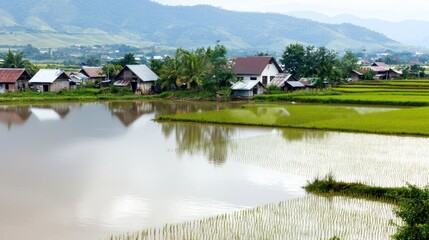 Obraz premium Rice Paddies and Village Houses