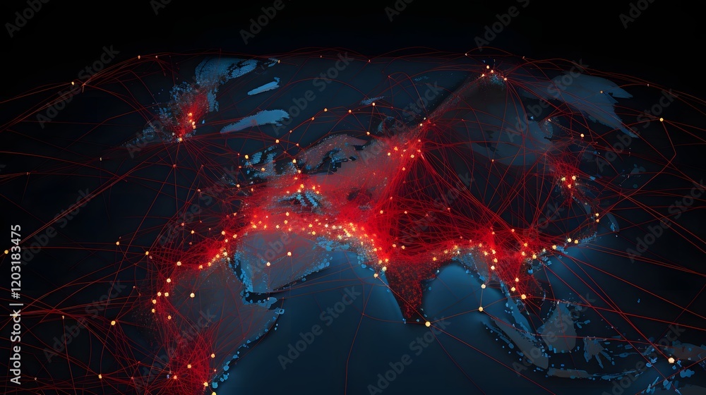 Aufkleber digital map infographic showing airline routes with red lines symbolizing the global transmission of