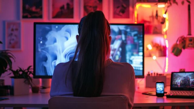 Young woman playing computer game, winner. Female gamer looking at computer monitor. Cybersport, gaming club. Girl record live stream. Pink neon light. Cyber sport. Professional player.
