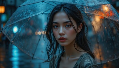 moody portrait of a woman under a transparent umbrella in rain