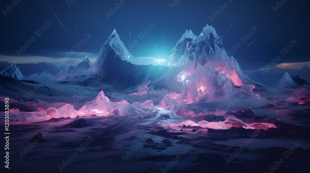 Poster breathtaking frozen mountain landscape glowing with a mesmerizing neon light display creating a capt