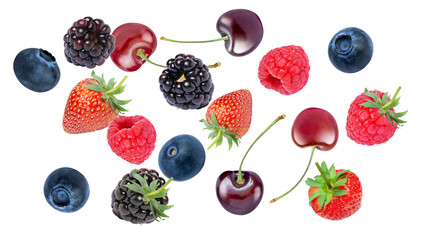 Mix berry fruits isolated on transparent png background.
