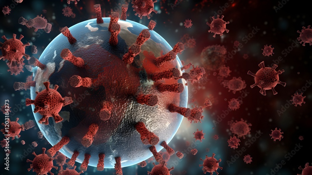 Poster abstract depicting the earth surrounded by virus particles with china highlighted representing the g
