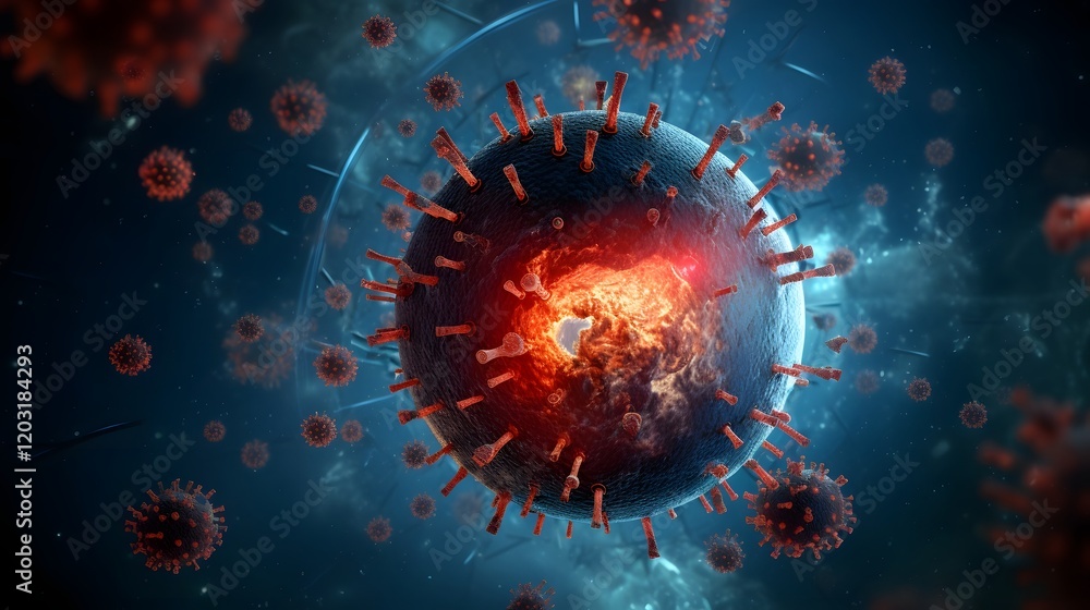 Poster an abstract digital depicting the earth surrounded by virus particles with china region highlighted 