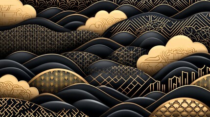 Abstract black and gold landscape with geometric patterns and clouds.