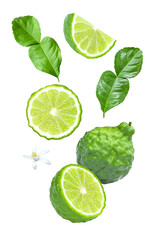 Bergamot (kaffir lime fruit) with leaf isolated on transparent png background.