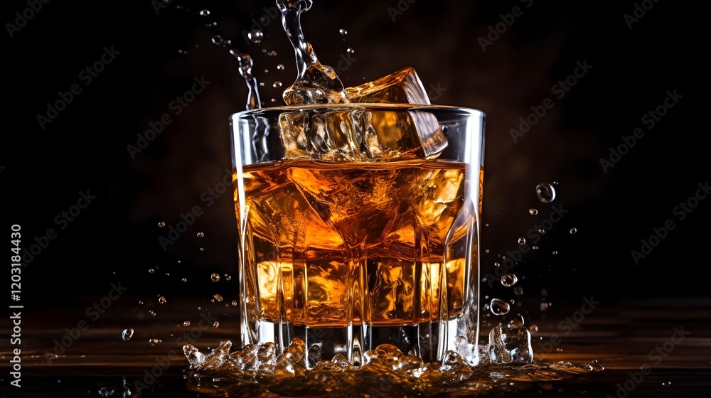 Aufkleber closeup shot of an ice cube dramatically splashing into a glass of amber colored whiskey creating a 