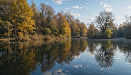Obraz premium reflection of trees and sky on a calm river surface