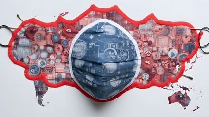 Close up view of a medical face mask with a world map and virus icons spreading outward from the origin in China symbolizing the global impact and challenges of the COVID 19 pandemic