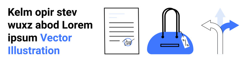 Document with stamp, shopping bag with tag, arrows pointing in different directions. Ideal for business, e-commerce, decision making, approvals, shopping navigation and choices. Landing page