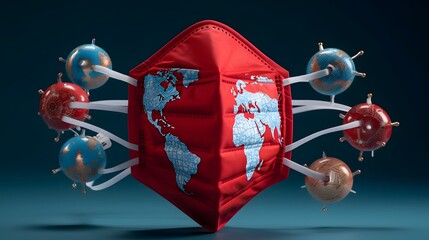 Close up of a medical mask with a world map graphic and virus icons spreading outward from China