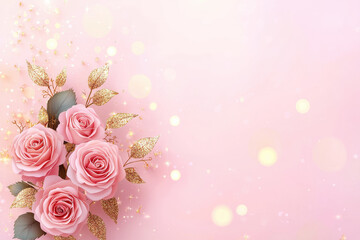 Pink roses with golden leaves and sparkles on soft pink background, creating romantic and elegant floral design