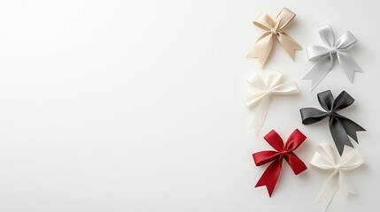 Elegant ribbon bows on a white background, showcasing various colors including red, black, and gold, perfect for decoration or gift wrapping.