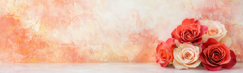 Soft red and pink roses arranged on textured pastel background, creating romantic and elegant floral composition
