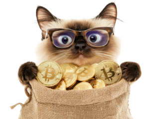 Isolated Cat with Glasses Holding Bitcoins