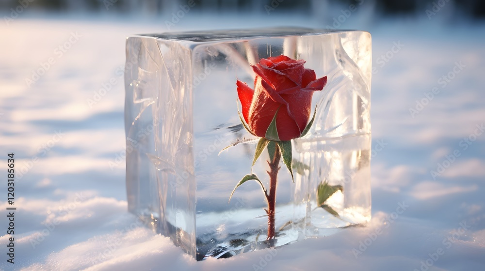 Poster captivating image of a single rose bud encased in a flawless transparent block of ice creating a mes