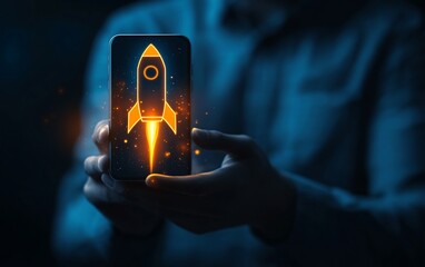 Glowing rocket launching from phone screen.