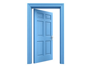 Isolated Blue Opened Door with Frame