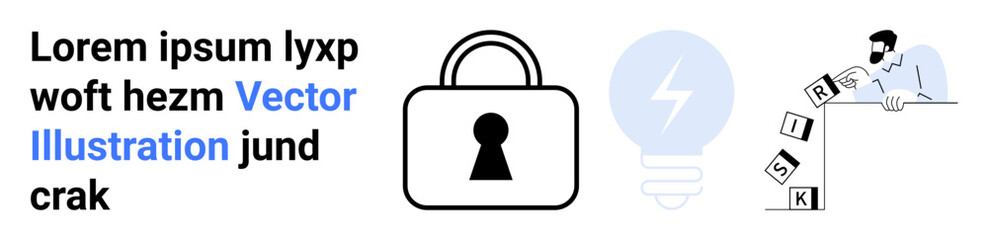 Lock symbol representing cybersecurity, light bulb indicating innovation, and person balancing risk blocks. Ideal for online security, data protection, innovation strategies, technological