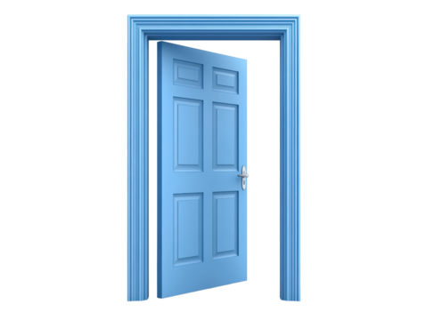 Isolated Blue Opened Door with Frame