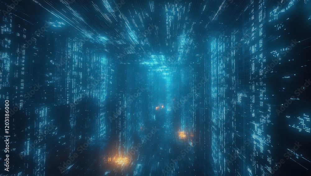Poster futuristic data stream corridor, cyber space with glowing lights, abstract blue and orange backgroun