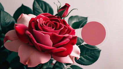 Elegant Red Rose with Petals on Textured Red and Background, Romantic Red Roses with Heart-Shaped Card, antasy on the theme Valentine's Day Background. Gift, coffee, roses, hearts arranged 