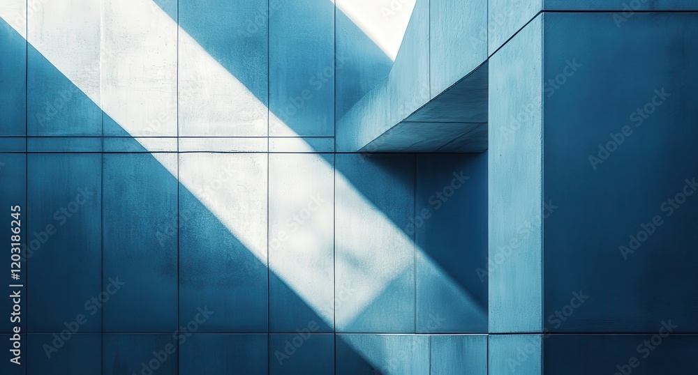 Poster modern architectural design featuring blue geometric forms and dynamic light play on smooth concrete