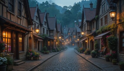Fototapeta premium small-town scenes with cobblestone streets and vintage lamps