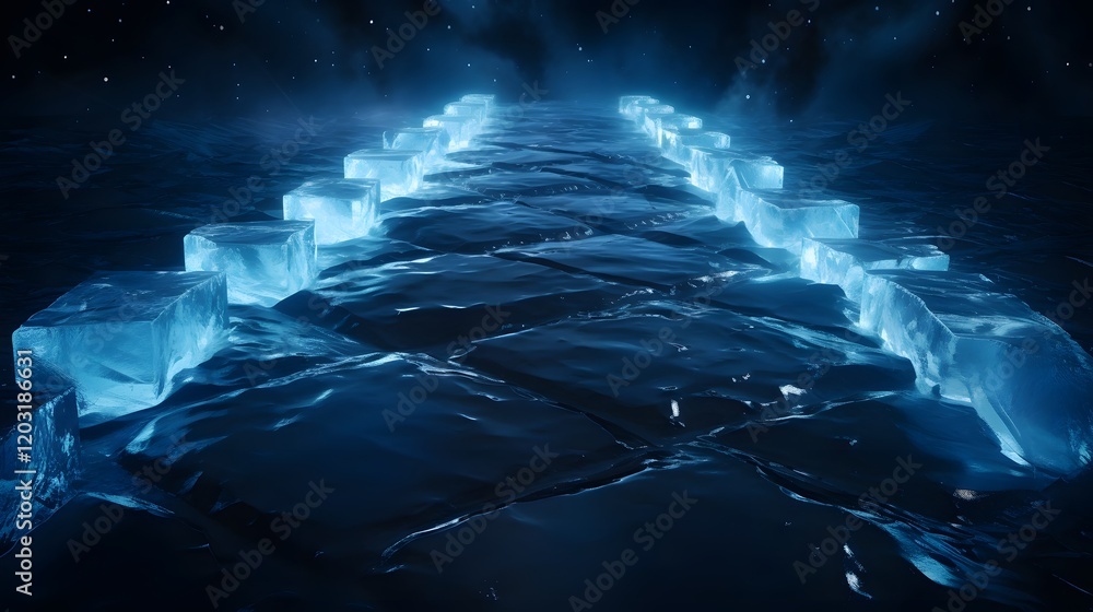 Poster illuminated ice cubes forming a minimalist path on dark surface abstract elegant and modern design w