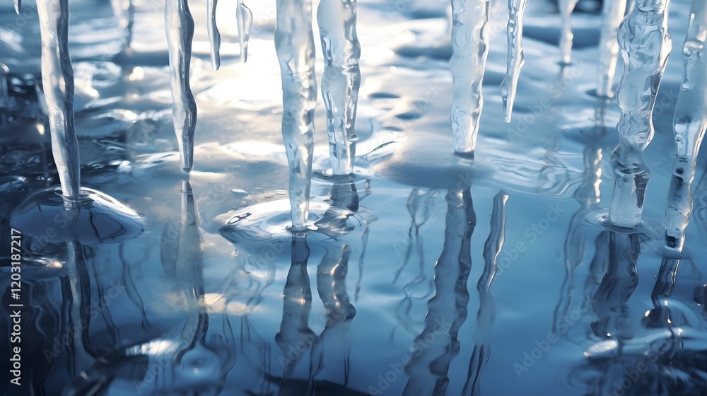 Aufkleber captivating close up of delicate icicles gracefully dripping into a tranquil puddle creating a mesme