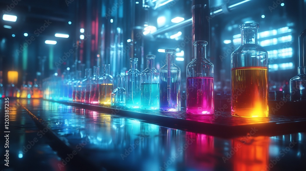 Poster captivating scene featuring a dropper and various chemical containers illuminated by striking blue l