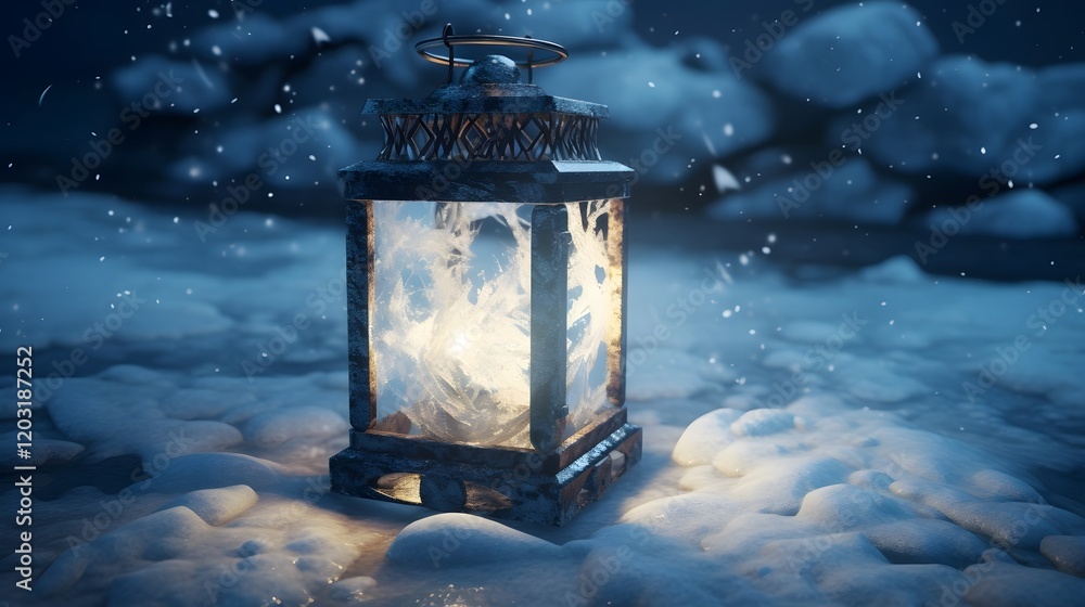 Aufkleber a glowing lantern placed inside a block of ice creating a mesmerizing contrast against the serene sn