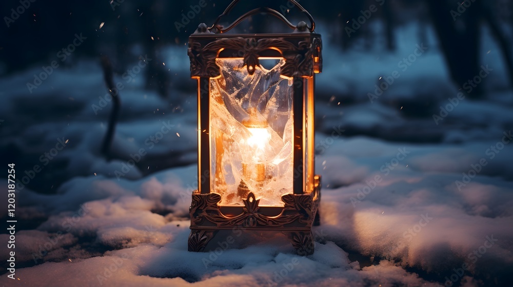 Aufkleber a glowing lantern placed inside a block of ice surrounded by a serene and snowy landscape creating a