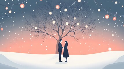 Romantic encounter in a snowy landscape outdoor illustration winter evening couple under fairy lights
