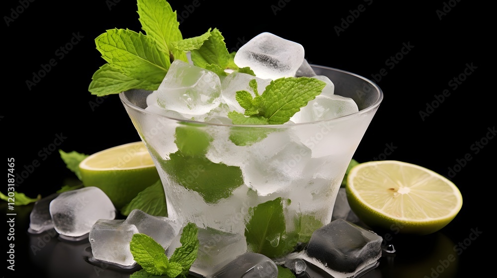Poster refreshing bowl of clear ice cubes with vibrant green lime wedges and fragrant fresh mint leaves cre