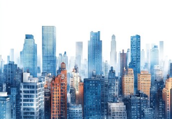 Fototapeta premium Urban Cityscape with Tall Skyscrapers and Modern Architecture Under Bright Blue Sky, Capturing Vibrant Urban Life and Dynamic City Atmosphere in Daylight