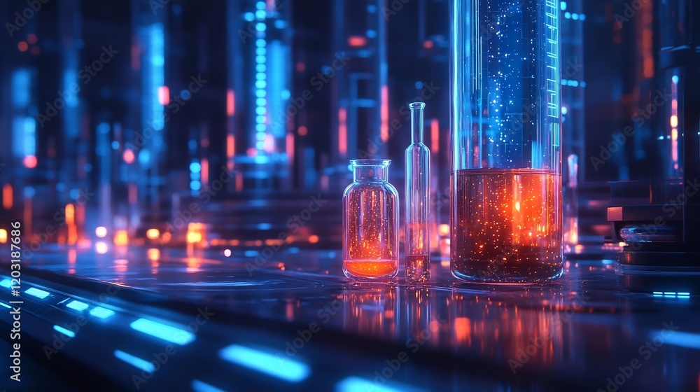 Aufkleber captivating scene featuring a dropper and various chemical containers illuminated by striking blue l