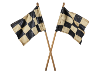 Isolated Two Old Checkered Flags on Wooden Sticks